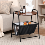 Masuta laterala cu blat rotund aspect lemn, suport textil pentru reviste, cadru metalic negru, 40 x 38 x 60 cm