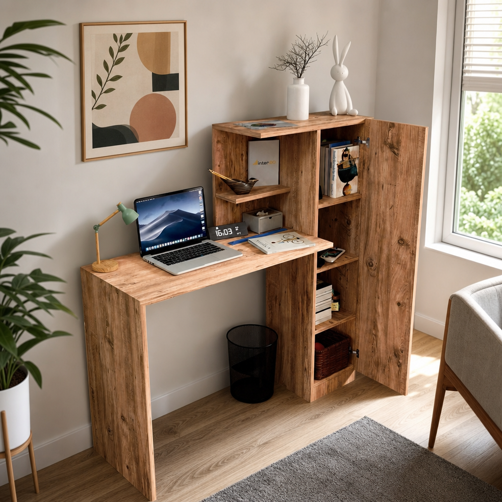 Birou Lemn Masiv Nuc cu Sertar si Raft Stocare 120x60cm Design Ergonomic - in context de utilizare