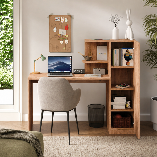 Birou Lemn Masiv Nuc cu Sertar si Raft Stocare 120x60cm Design Ergonomic - in context de utilizare