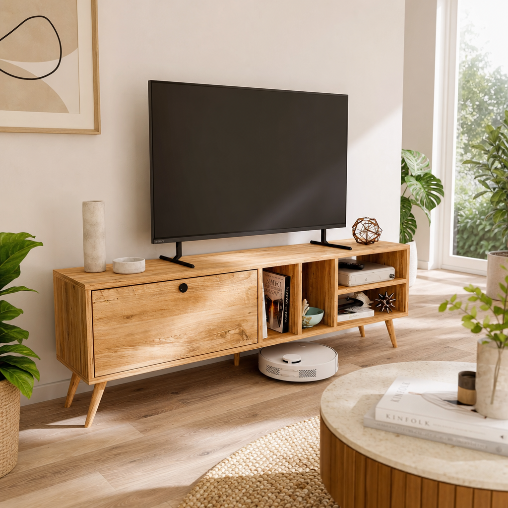 Comoda TV moderna cu rafturi, PAL E1 18 mm, 140 x 29,5 x 45 cm - in context de utilizare