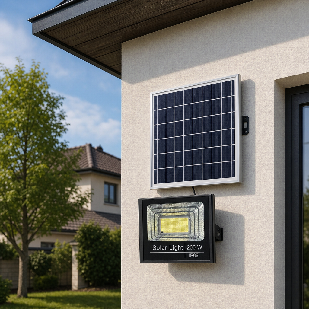 Proiector LED cu panou solar si telecomanda, IP67