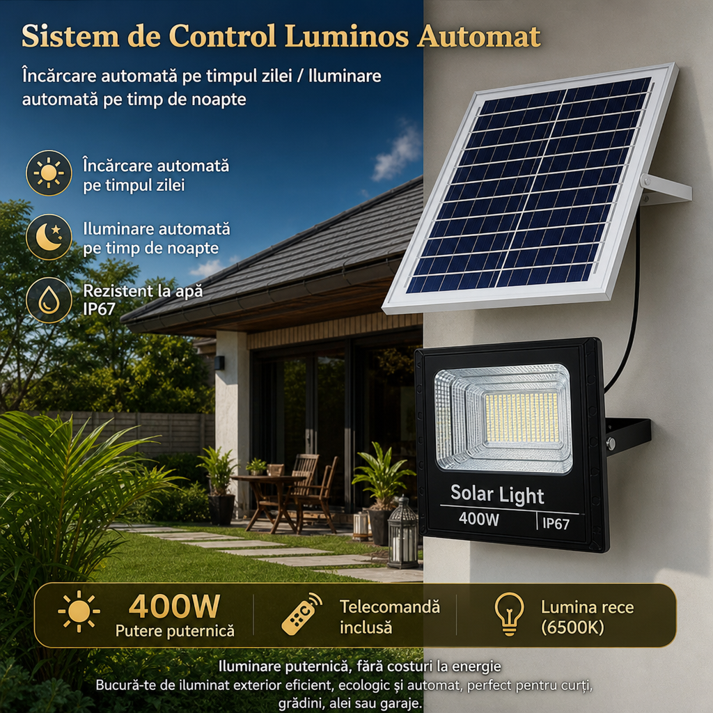 Proiector LED Solar 400W Control Telecomanda Senzor Crepuscular Exterior - in context de utilizare