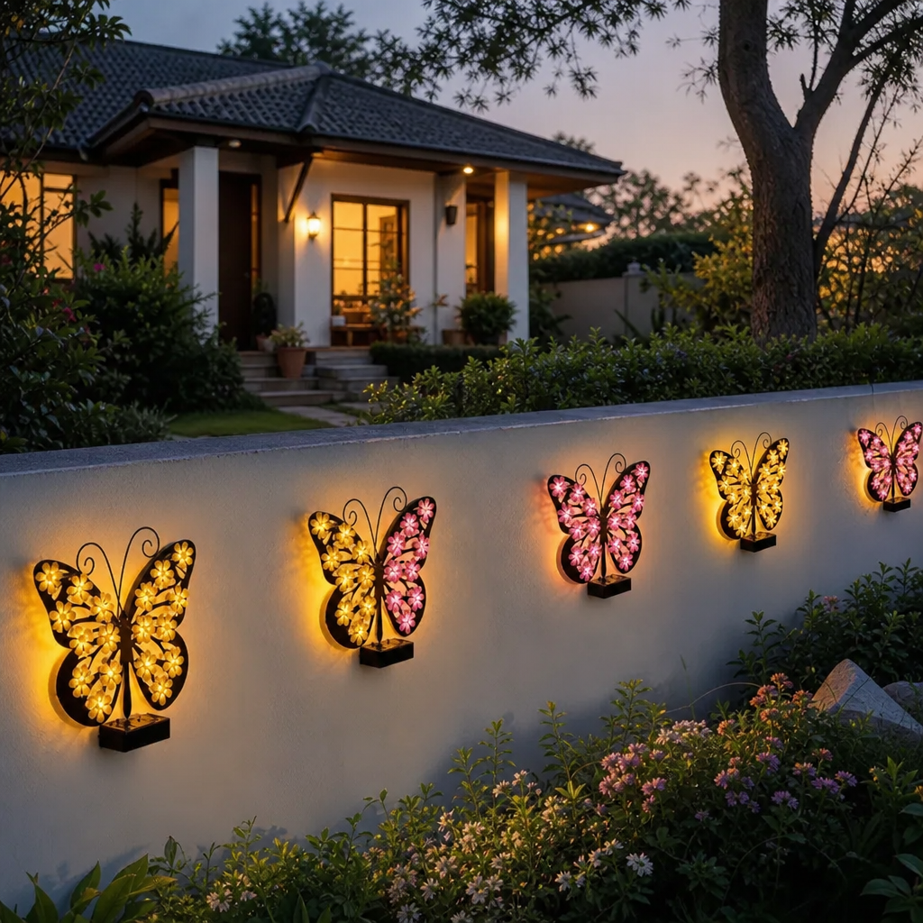 Set 2 Fluturi Solari Decorativi cu Lumini LED Roz Galben pentru Perete Gard - in context de utilizare