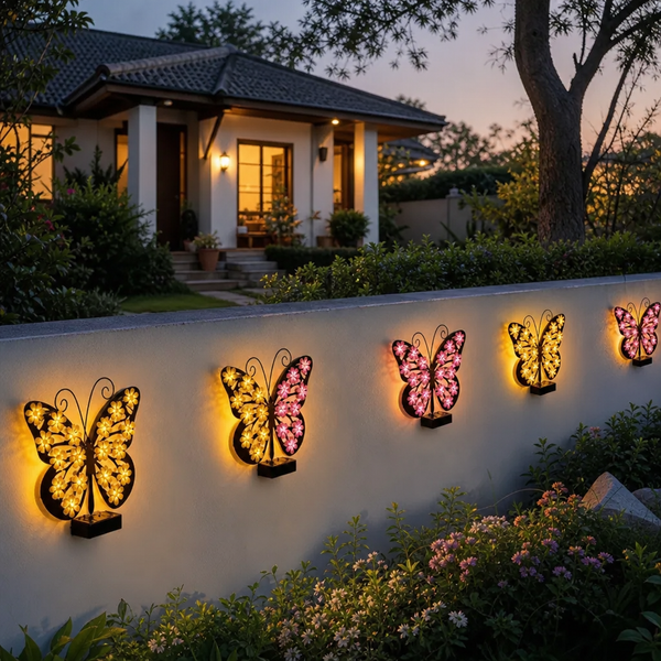Set 2 Fluturi Solari Decorativi cu Lumini LED Roz Galben pentru Perete Gard - detaliu produs