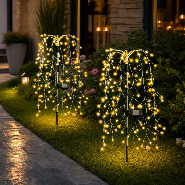 Set 2 Lampi Solare Decorative tip Salcie 120 LED-uri Lumina Calda Rece Multicolor pentru Curte Gradina - in context de utilizare