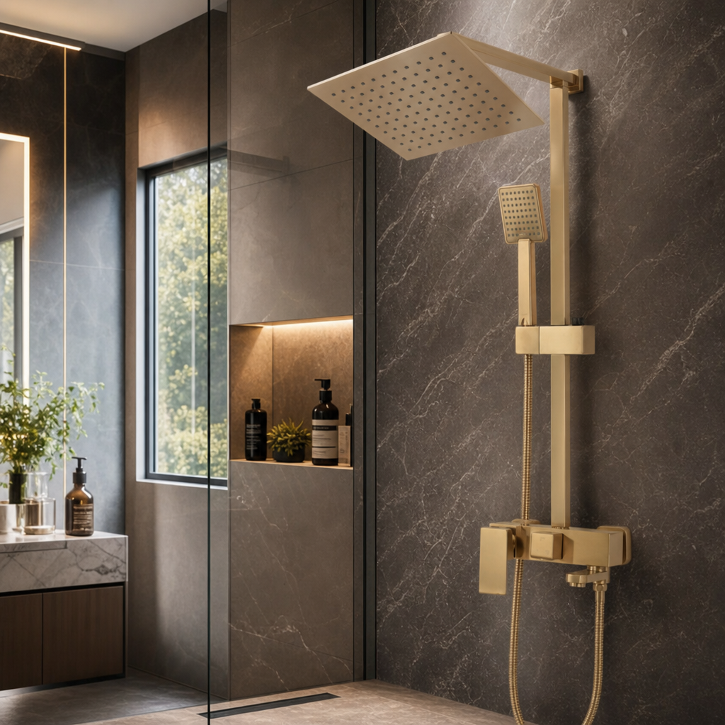 Coloana Dus cu Baterie Monocomanda Auriu Periat 104cm Design Modern - in context de utilizare