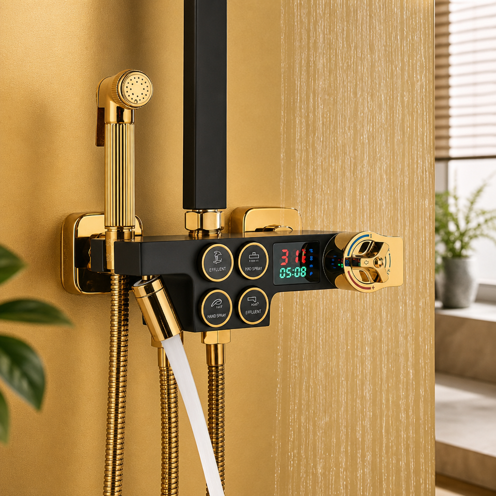 Coloana Dus Termostatica Premium Negru Auriu Afisaj Digital LED 28x19 cm - in context de utilizare