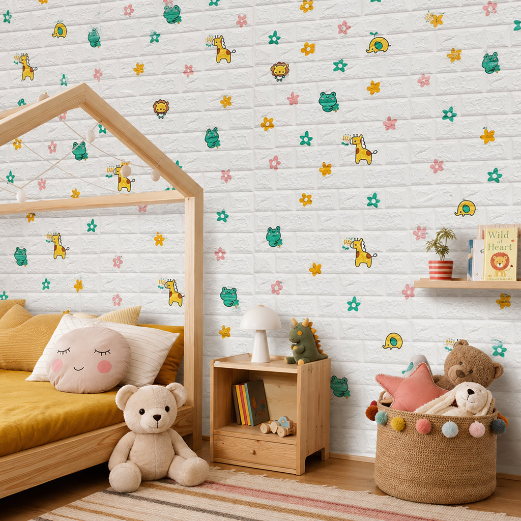 Tapet 3D Caramizi Albe Auto-Adeziv pentru Decorare Perete Camera 70x77cm - in context de utilizare