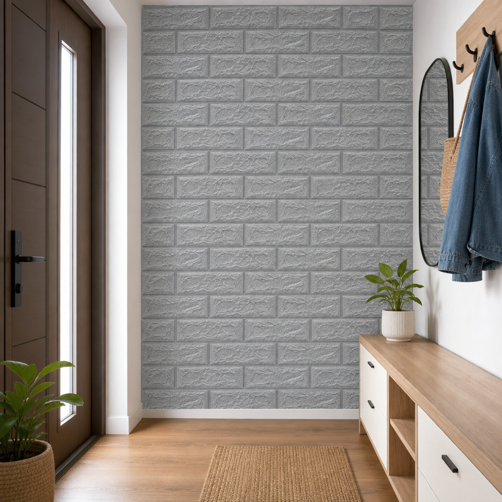 Tapet 3D caramida, gri, auto-adeziv pentru interior, 70 x 77 cm - in context de utilizare