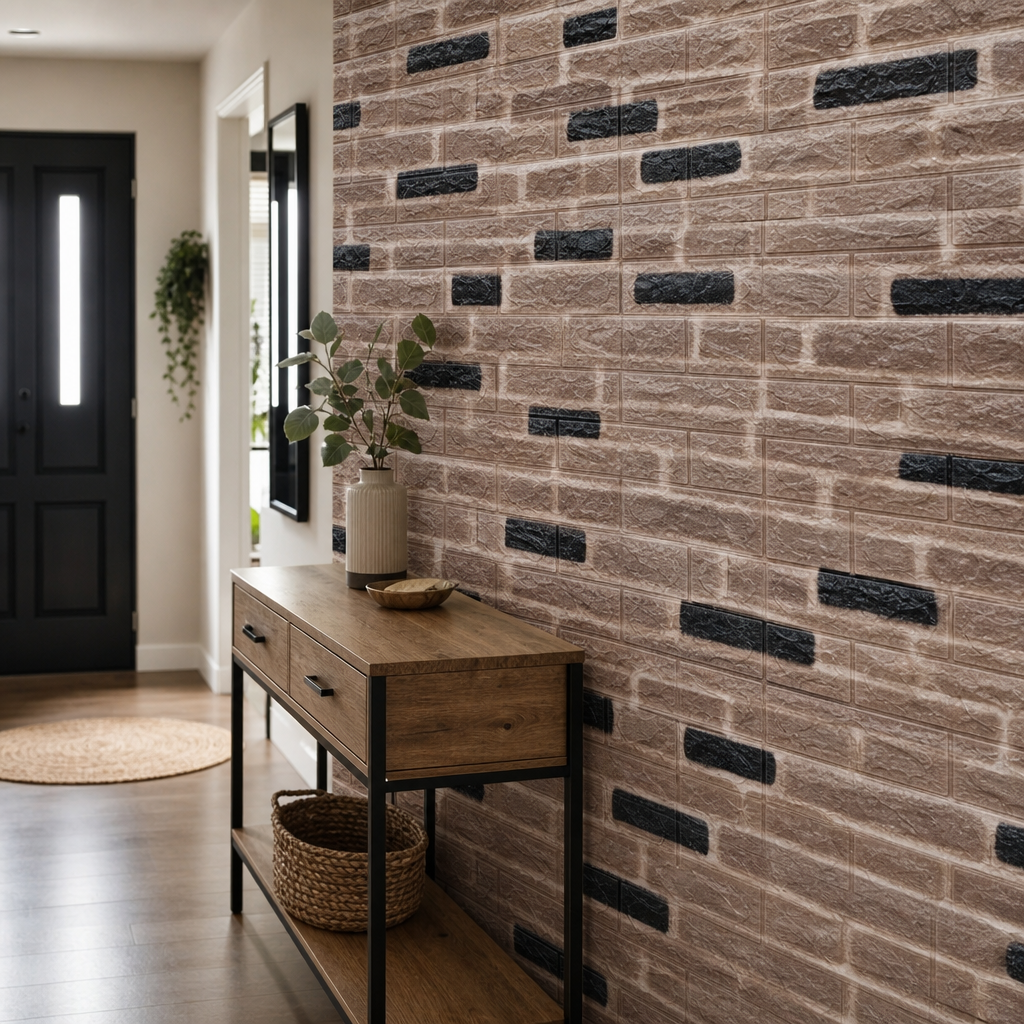 Tapet Caramida Maro cu Negru 3D Autoadeziv 70x77cm Decorativ - in context de utilizare