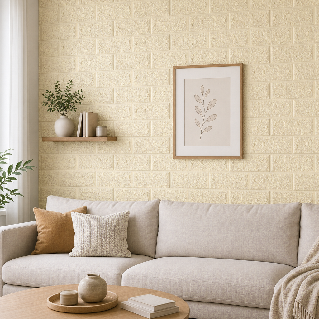 Tapet 3D Autoadeziv Model Caramida Crem 70x77cm Set 10 Bucati - in context de utilizare