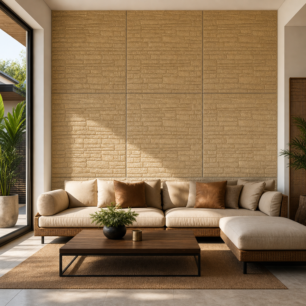 Tapet decorativ 3D auriu, model piatră – 70 × 77 cm - in context de utilizare
