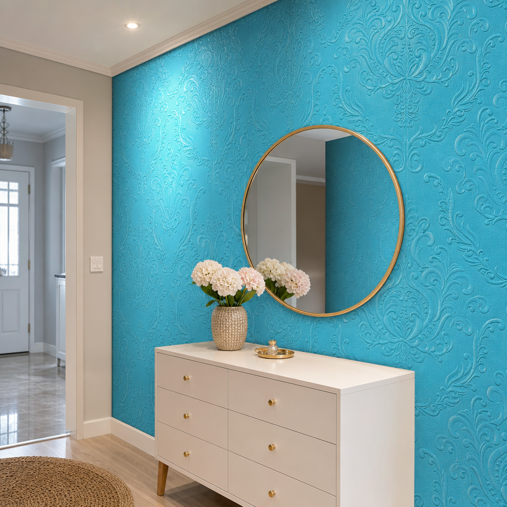 Tapet decorativ 3D turcoaz cu model floral – 70 × 70 cm - in context de utilizare