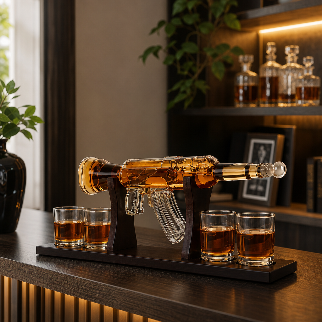 Set Decantor Kalashnikov Edition 1000ml cu 4 Pahare Glont Suport Lemn Lux - in context de utilizare