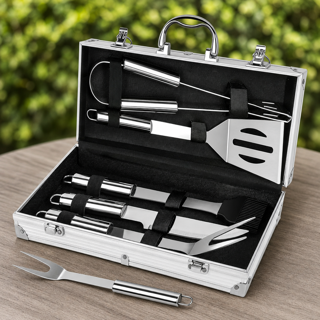 Set 5 Ustensile Gratar Otel Inoxidabil cu Cutie Depozitare Aluminiu - in context de utilizare