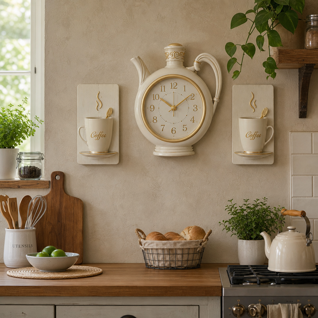Ceas de Bucatarie in Forma de Ceainic si Cesti 3 Elemente OEM Shabby-Chic Plastic 56x23cm Crem-Bej Auriu - in context de utilizare