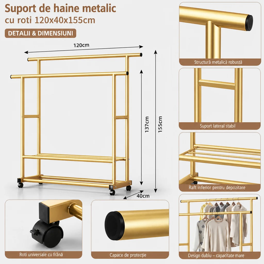 Suport dublu pentru haine,  metalic, cu roti, 120x40x155cm, Auriu