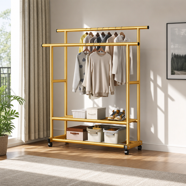 Suport de Haine Metalic cu Roti 120x40x155cm Pliabil auriu - mod de utilizare