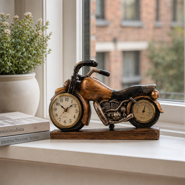 Ceas Decorativ Premium în Formă de Motocicletă Vintage cu Termometru – Design Retro, Finisaj Bronz Antichizat, 24 × 16 × 7 cm - imagine principala