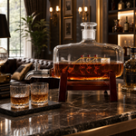 Decantor Premium pentru Whisky cu Corabie în Interior, Robinet Metalic și Suport din Lemn – Design Elegant pentru Bar, Birou sau Cadou