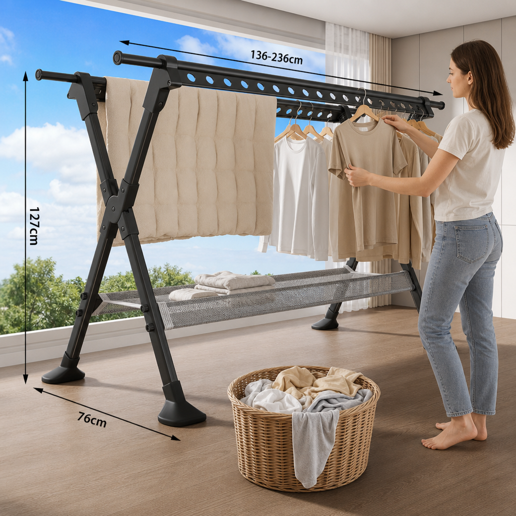 Uscator de Rufe Multifunctional Pliabil Extensibil 127-236cm Negru cu Suport Balcon - mod de utilizare