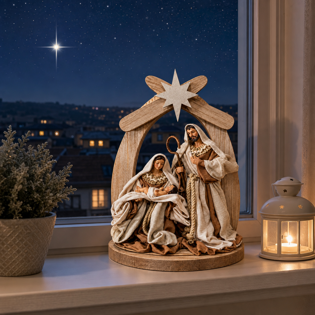 Statuetă Nașterea Domnului Premium din Rășină, 26 × 14 × 36 cm, Sfânta Familie cu Pruncul Iisus, Design Crem-Bej - in context de utilizare