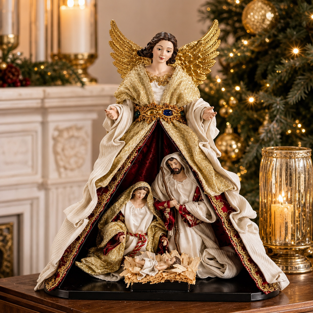 Statuetă Nașterea Domnului Premium din Rășină, 33 × 20 × 44,5 cm, Sfânta Familie cu Înger Protector, Design Elegant Crem-Auriu și Roșu - in context de utilizare