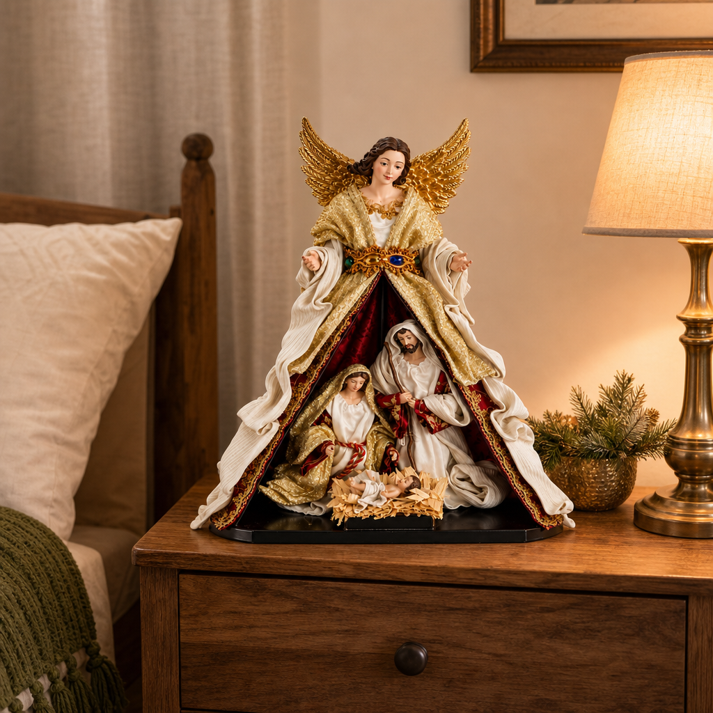 Statuetă Nașterea Domnului Premium din Rășină, 33 × 20 × 44,5 cm, Sfânta Familie cu Înger Protector, Design Elegant Crem-Auriu și Roșu - in context de utilizare