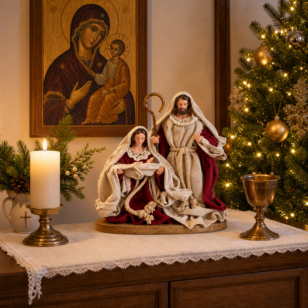 Statuetă Nașterea Domnului Premium din Rășină, Sfânta Familie, 21 × 11 × 23 cm, Crem și Roșu Burgundy - in context de utilizare