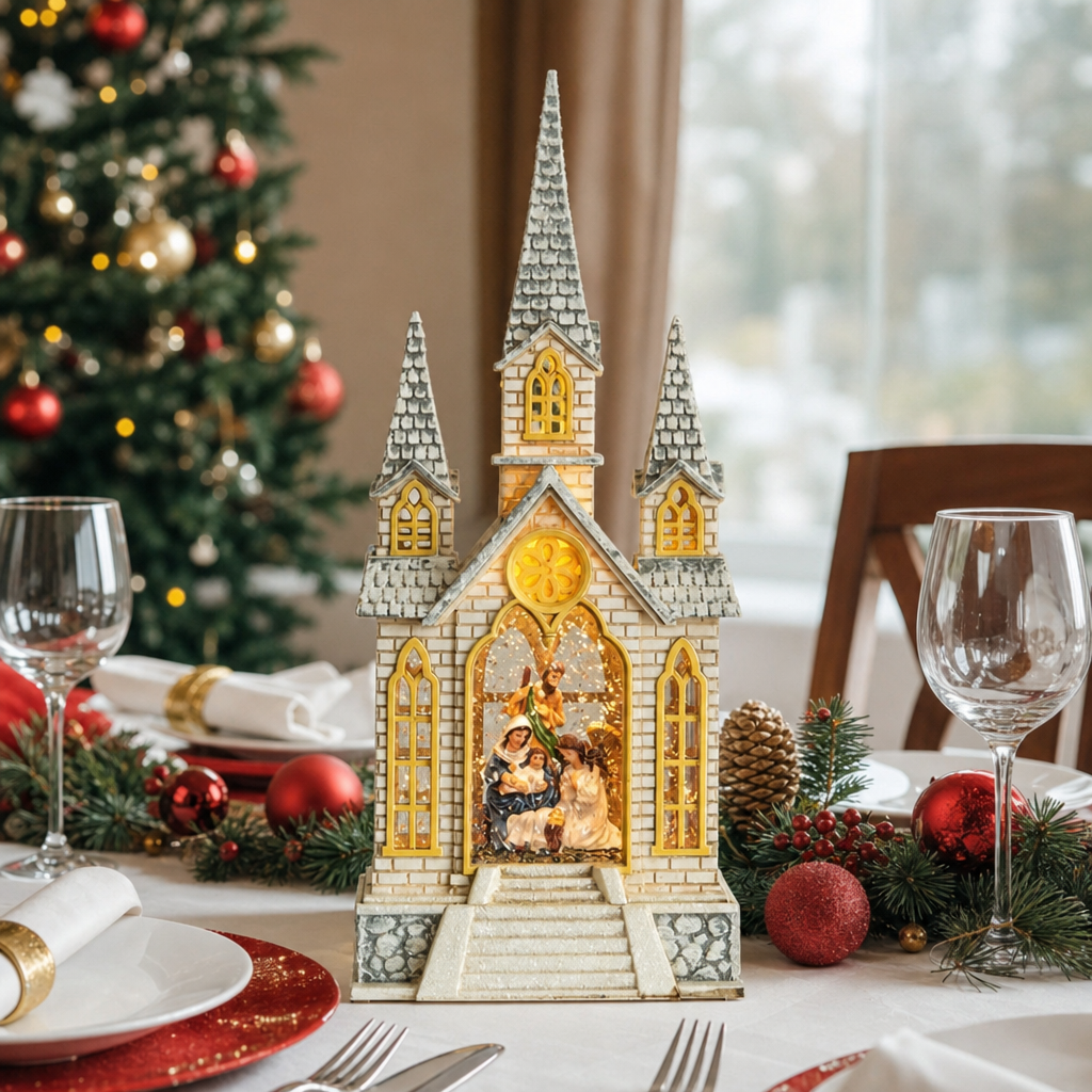 Decoratiune de Craciun Felinar Led Biserica Nasterea Domnului Muzical XL 41cm - in context de utilizare