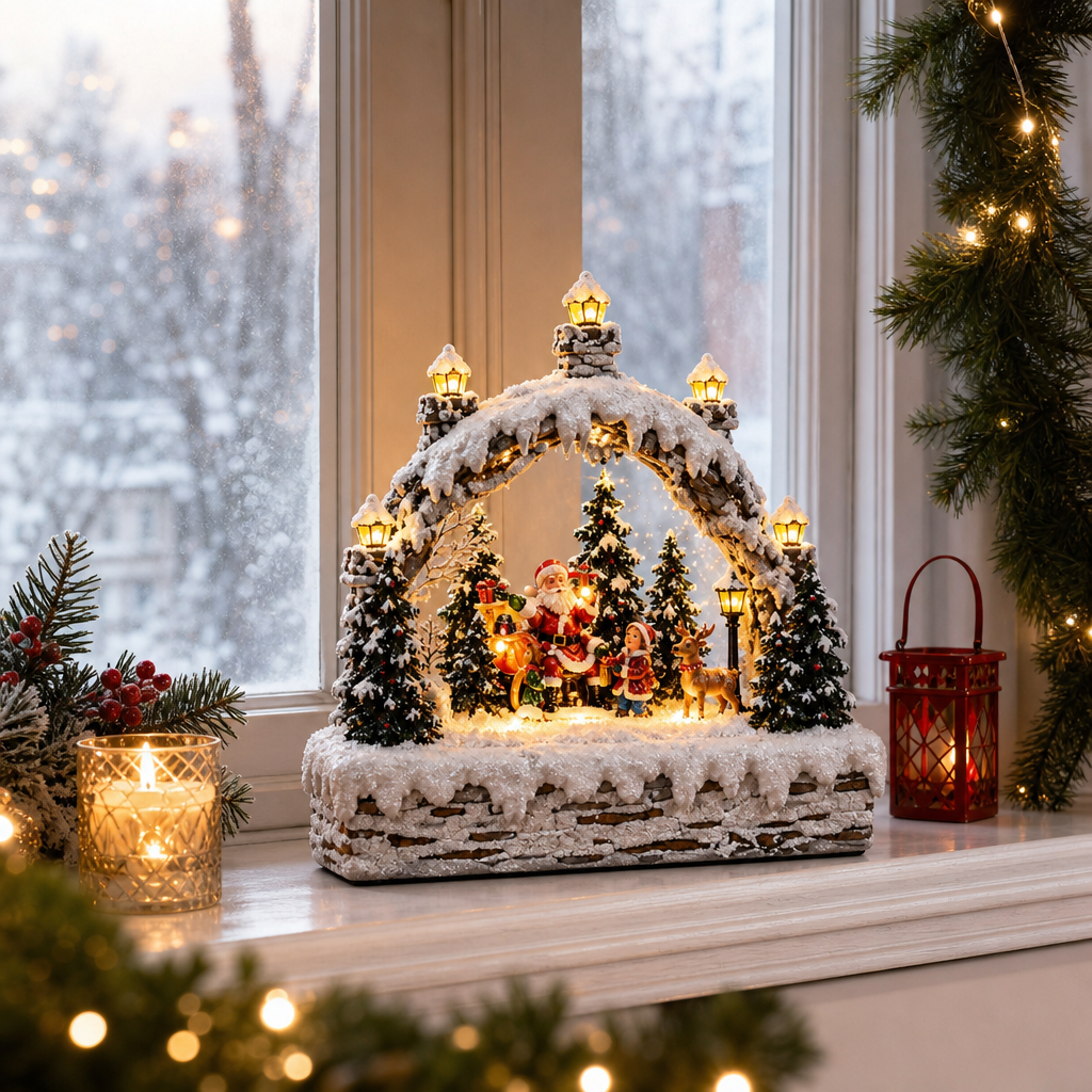 Decorațiune de Crăciun premium din rășină, cu lumini și melodii festive – 20 × 7,5 × 22,5 cm - in context de utilizare
