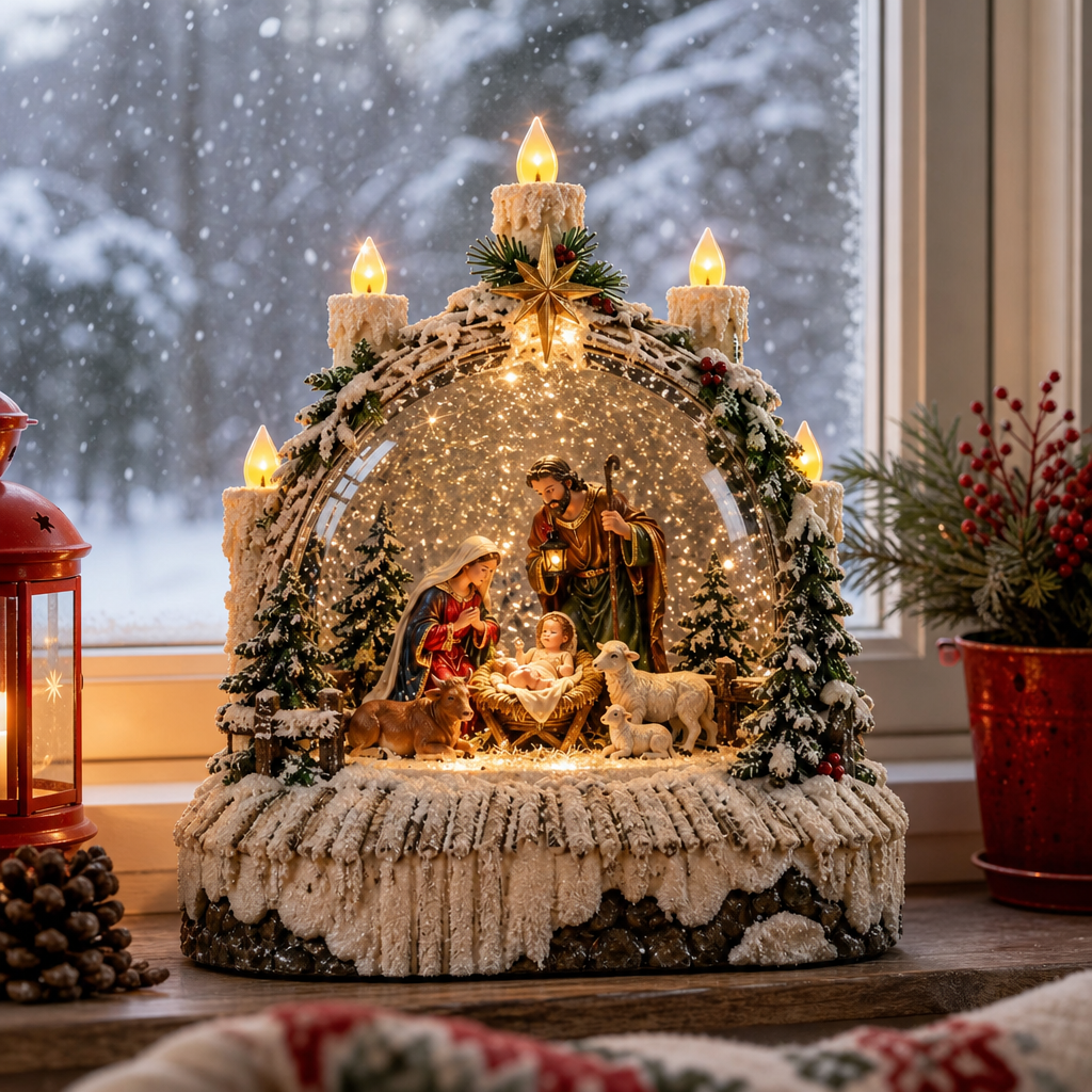 Decorațiune de Crăciun premium din rășină, Nașterea Domnului, cu iluminare și melodii – 20 × 7,5 × 22,5 cm - in context de utilizare