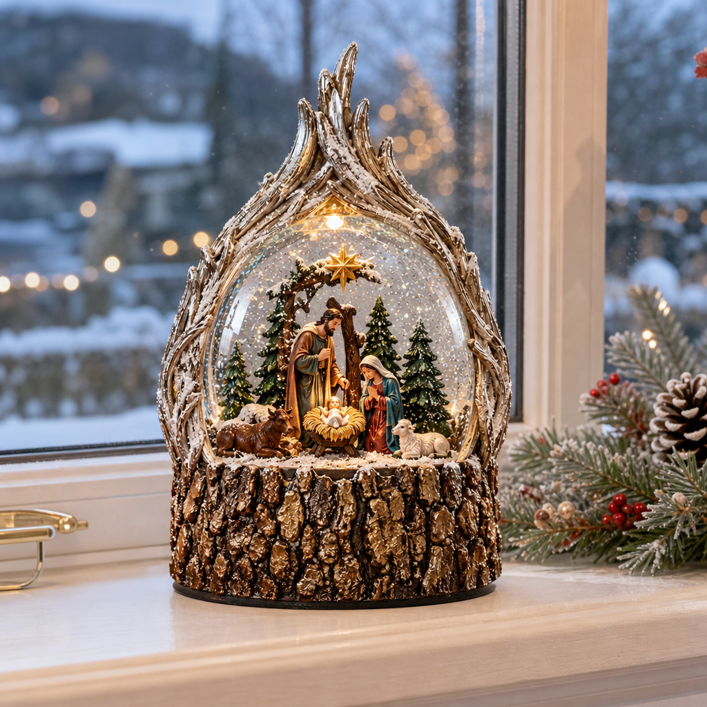 Decorațiune de Crăciun Premium cu Nașterea Domnului, Iluminare și Efect de Ninsoare în Mișcare – 18,5 × 11 × 25 cm - in context de utilizare