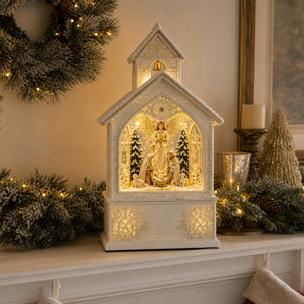 Decorațiune de Crăciun Premium tip Bisericuță cu Nașterea Domnului, Efect de Ninsoare și Muzică – 40,6 × 39,7 × 43,8 cm - in context de utilizare
