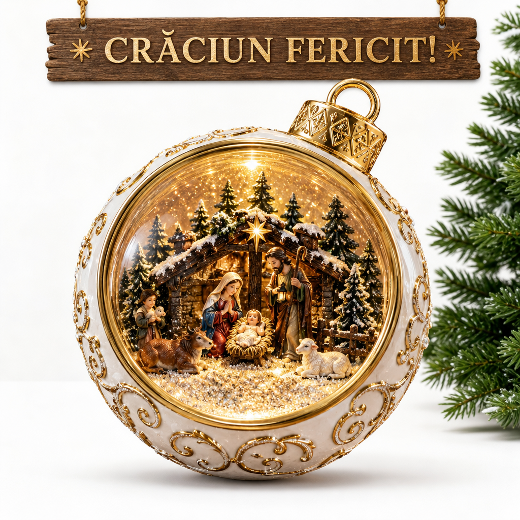 Decorațiune de Crăciun Premium tip Glob cu Nașterea Domnului, Muzică, Rotire 360°, Iluminare și Efect Strălucitor – 15,5 × 14,5 × 16,7 cm - detaliu produs