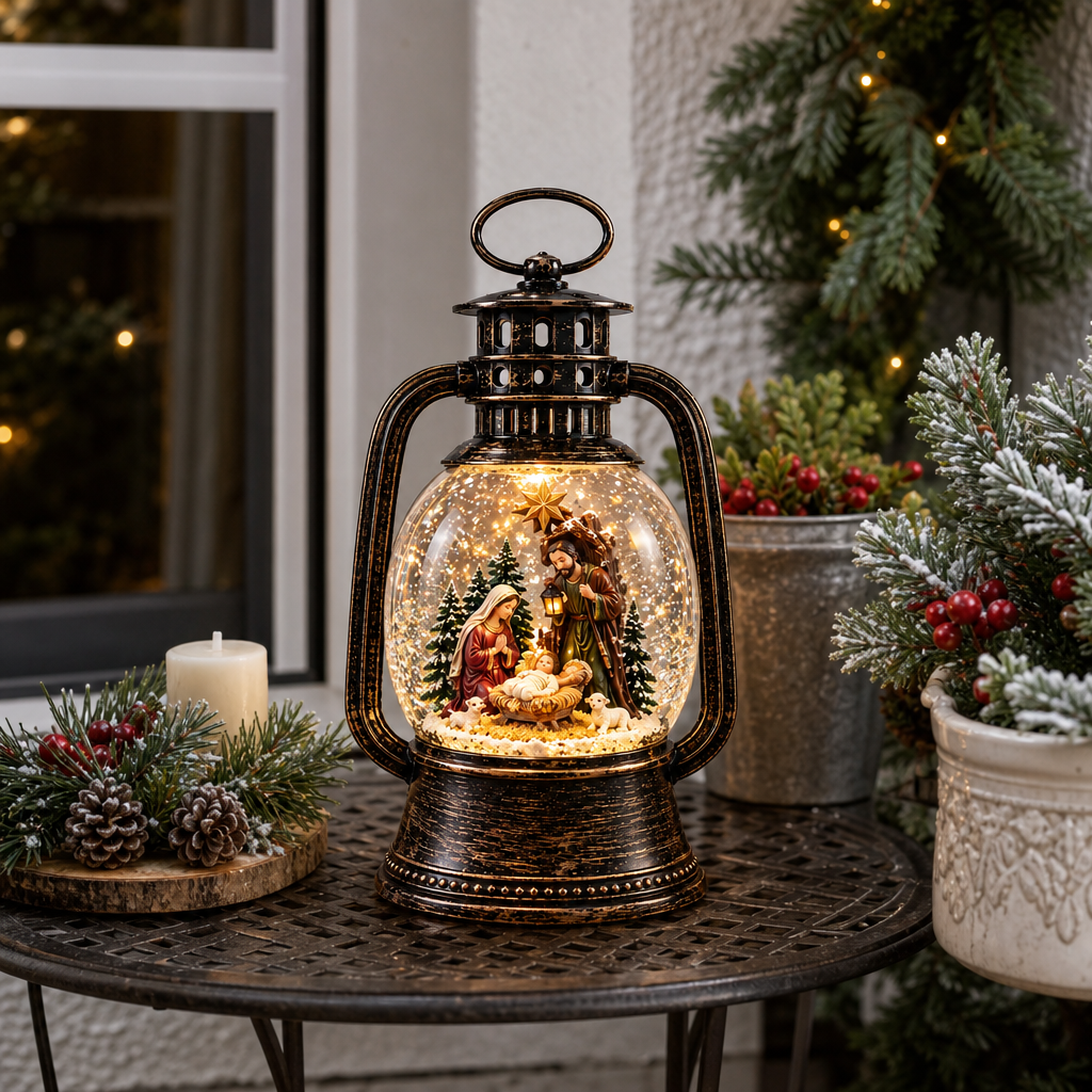 Decorațiune de Crăciun Premium tip Felinar cu Nașterea Domnului, Iluminare și Efect de Ninsoare – 10,3 × 8 × 16,6 cm - in context de utilizare