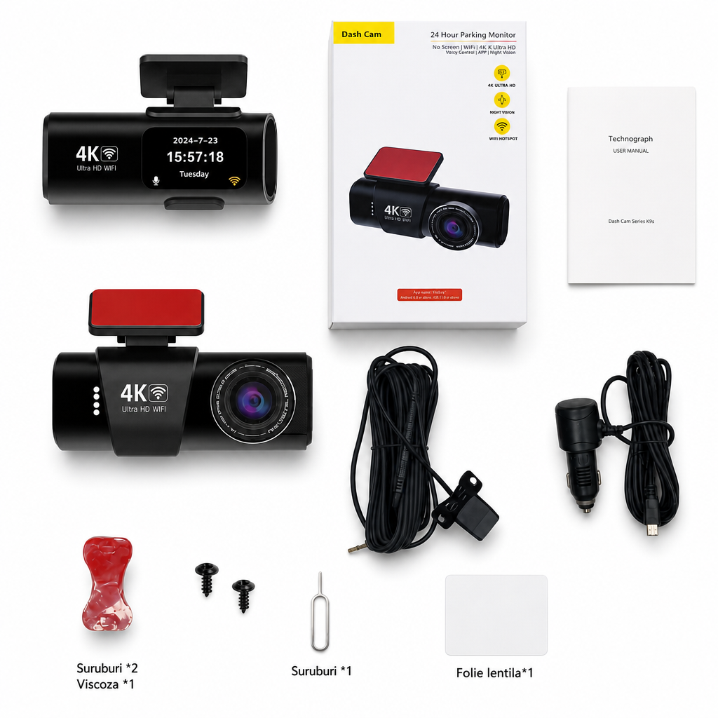 Camera Auto Duala 4K WiFi 1080P Viziune Nocturna Monitorizare Parcare Negru - detaliu produs
