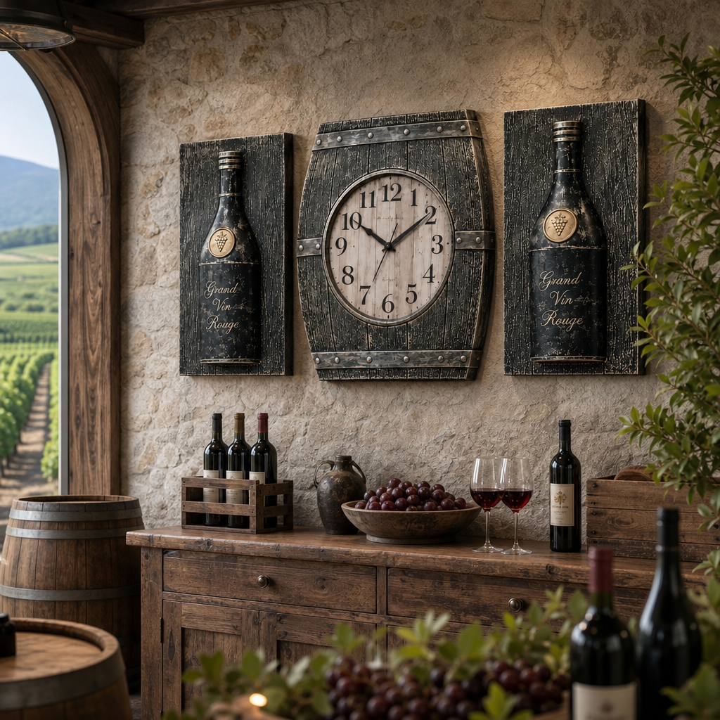 Set Decorativ de Perete Premium cu Ceas și 2 Panouri cu Sticlă de Vin, Design Rustic 3D – 3 Piese - in context de utilizare