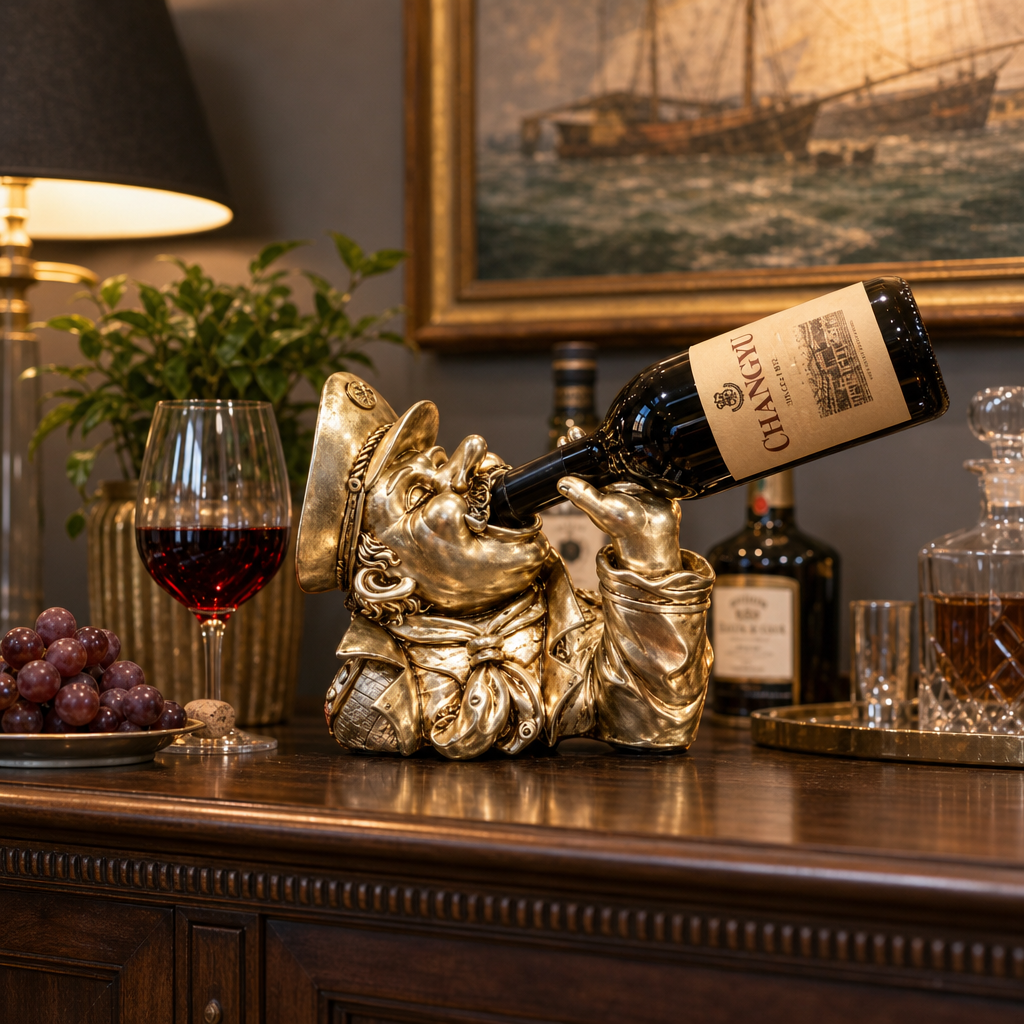 Suport Premium pentru Sticlă de Vin, Figurina Marinar din Rășină, Design Vintage – aprox. 30 × 20 cm - in context de utilizare