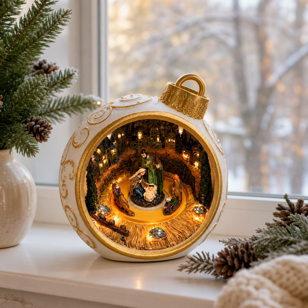 Decorațiune de Crăciun Premium tip Glob cu Nașterea Domnului, Muzică, Rotire 360°, Iluminare și Efect Strălucitor – 15,5 × 14,5 × 16,7 cm