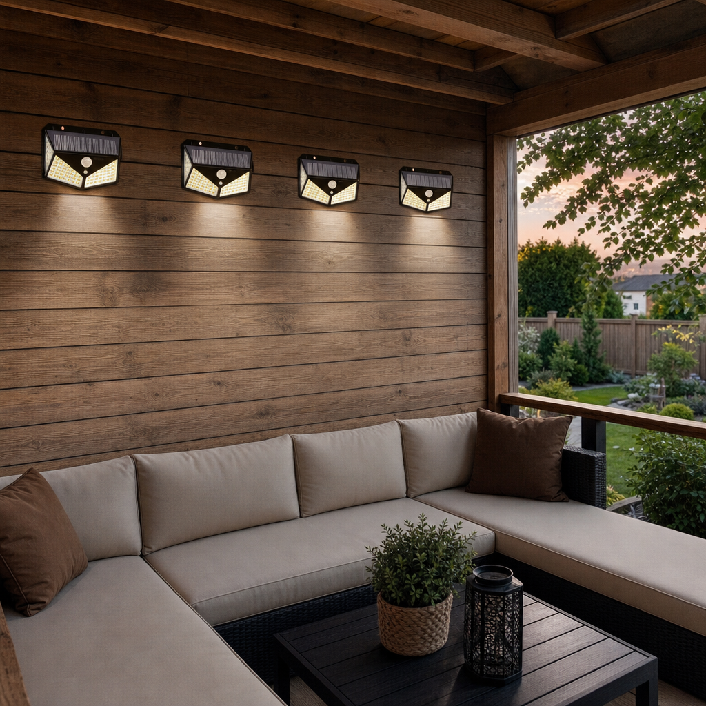 Set 4 Lampi Solare 100LED cu Senzor de Miscare Iluminare Exterior Waterproof - in context de utilizare