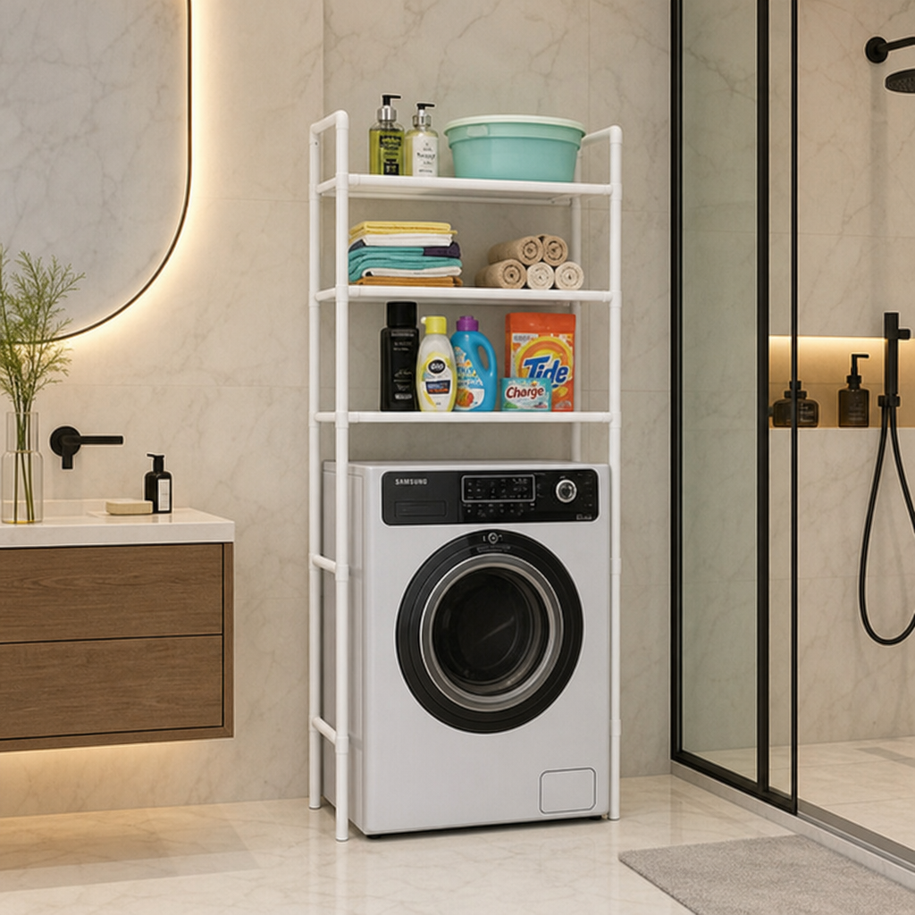Suport Organizator Masina de Spalat 3 Polite Cadru Metalic Alb 72x25x155 cm - in context de utilizare