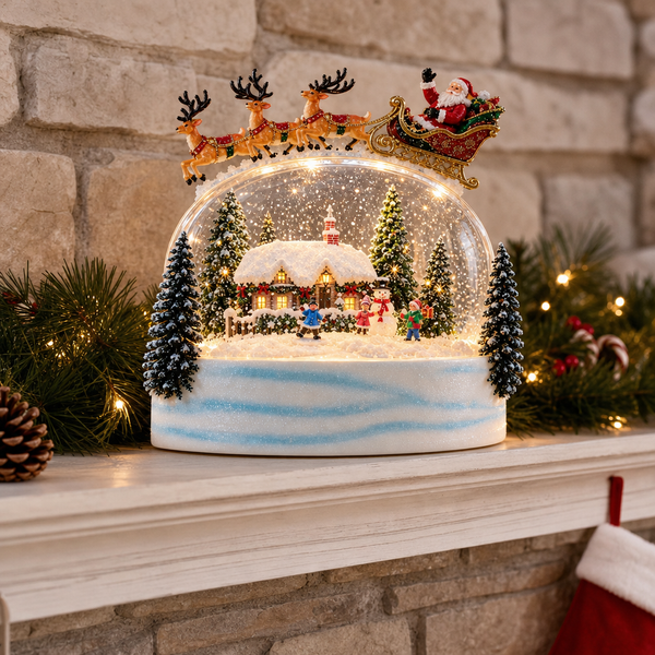 Glob Decorativ de Crăciun Premium cu Moș Crăciun în Sanie, Efect de Ninsoare, Lumină LED și 8 Melodii – 16 × 9,2 × 20 cm - detaliu produs