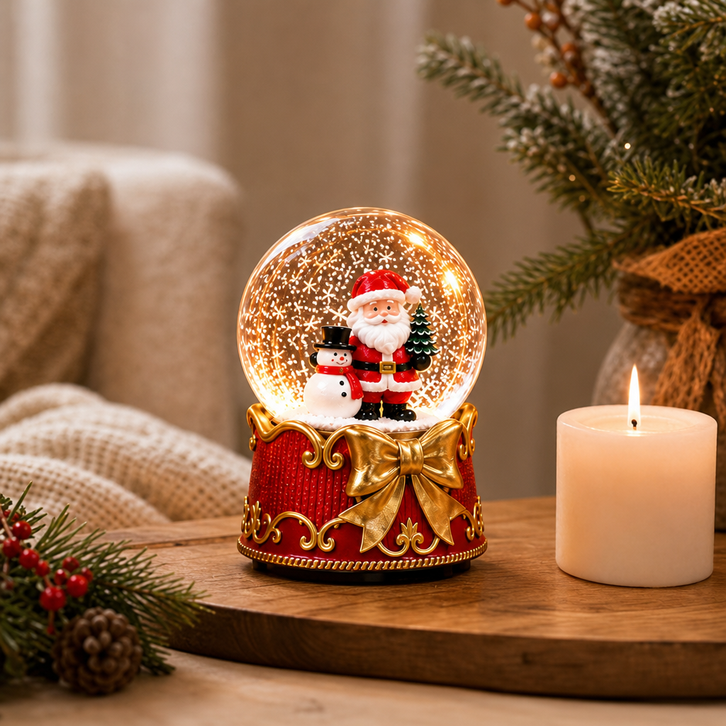 Glob de Zăpadă Premium de Crăciun cu Moș Crăciun, Bază tip Cutie Cadou cu Fundă Aurie, Muzică, Lumină LED și Efect de Ninsoare – 15 × 10 cm - in context de utilizare