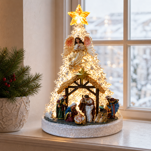 Decorațiune Premium de Crăciun tip Brad din Rășină, cu Scenă Nașterea Domnului, Muzică și Iluminare Multicoloră – 23 × 21 × 32 cm - detaliu produs