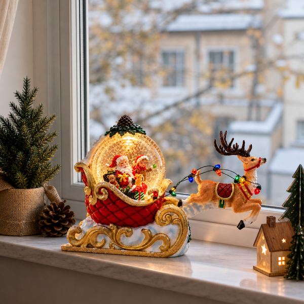 Decoratiune Craciun Santa in Sanie cu Ren LED Lumina Calda Ornament Festiv - detaliu produs