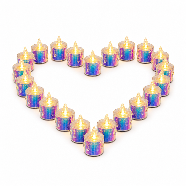 Set 24 lumânari LED Decorative  cu Efect de Flacără, Finisaj Holografic și Lumină Caldă – 3,5 × 3,5 × 5 cm