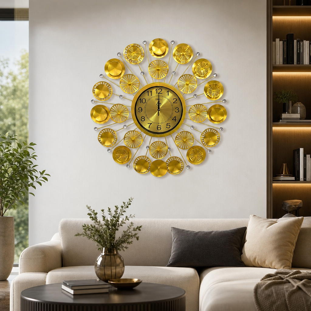 Ceas de Perete Decorativ Premium Auriu 60cm Design Solar 3D Cristale - in context de utilizare