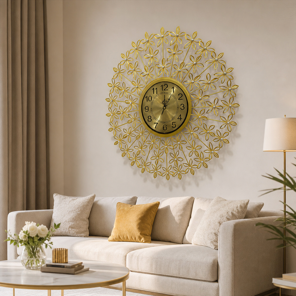 Ceas de Perete Decorativ Premium Floral, Auriu, cu Elemente 3D și Cristale, Ramă Metalică și Geam din Sticlă – Ø 65 cm - in context de utilizare