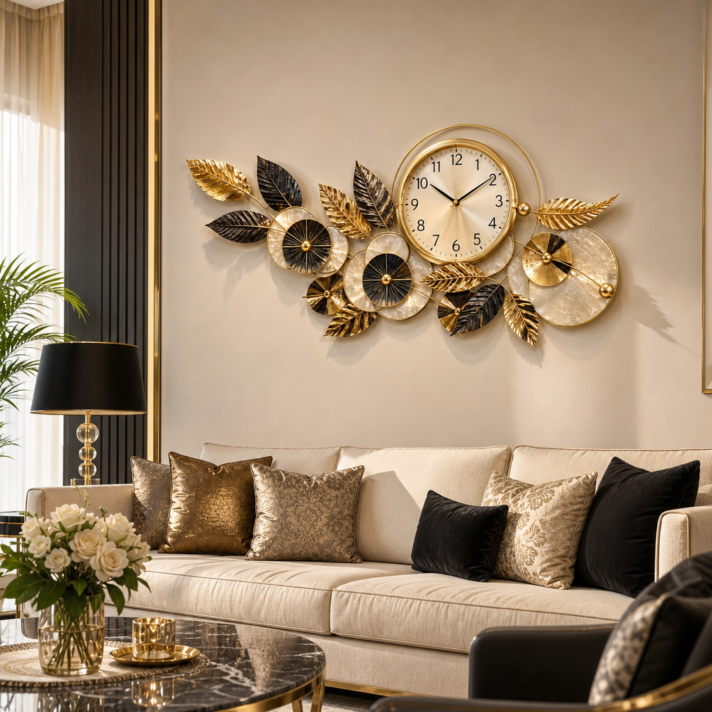Ceas de Perete Metalic , Design Floral 3D cu Frunze Aurii și Negre, 100 × 40 cm - in context de utilizare